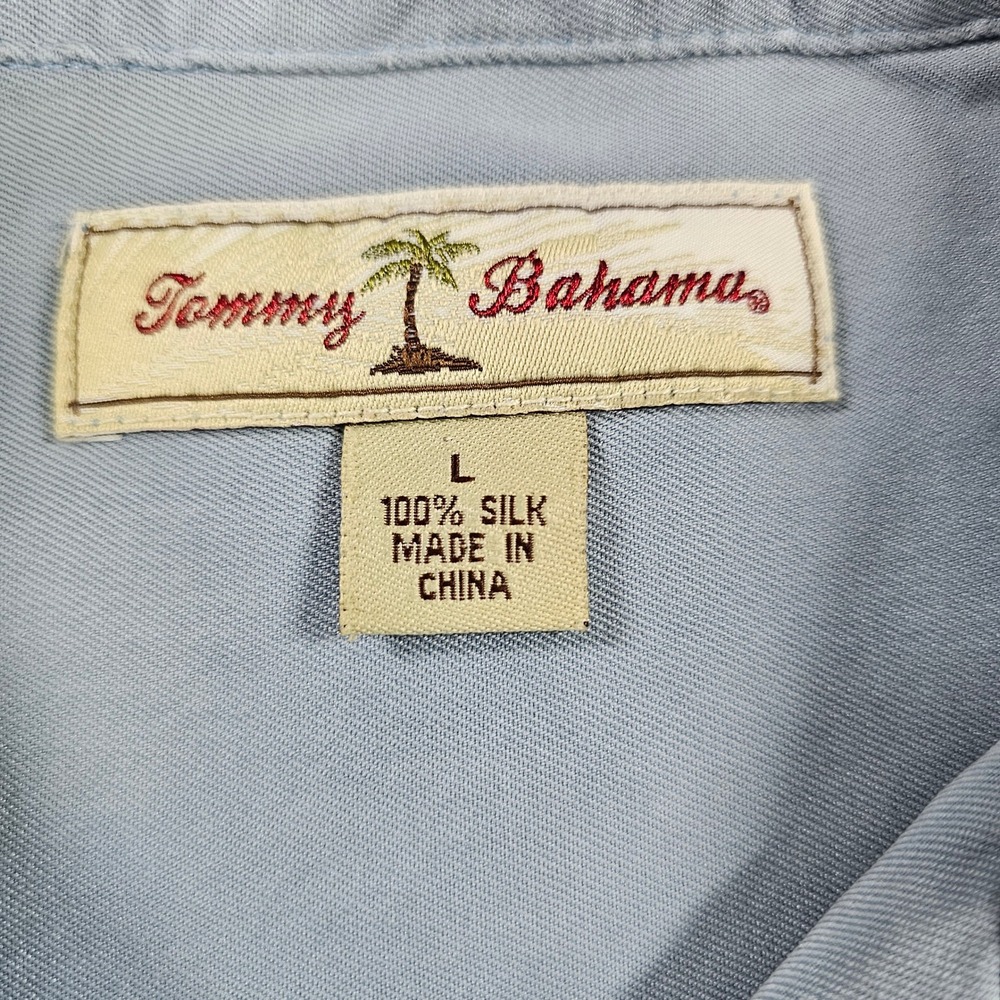 Tommy Bahama Button Down Shirt Mens Large Blue Excellent 100% Silk Camp Pocket - Picture 3 of 8